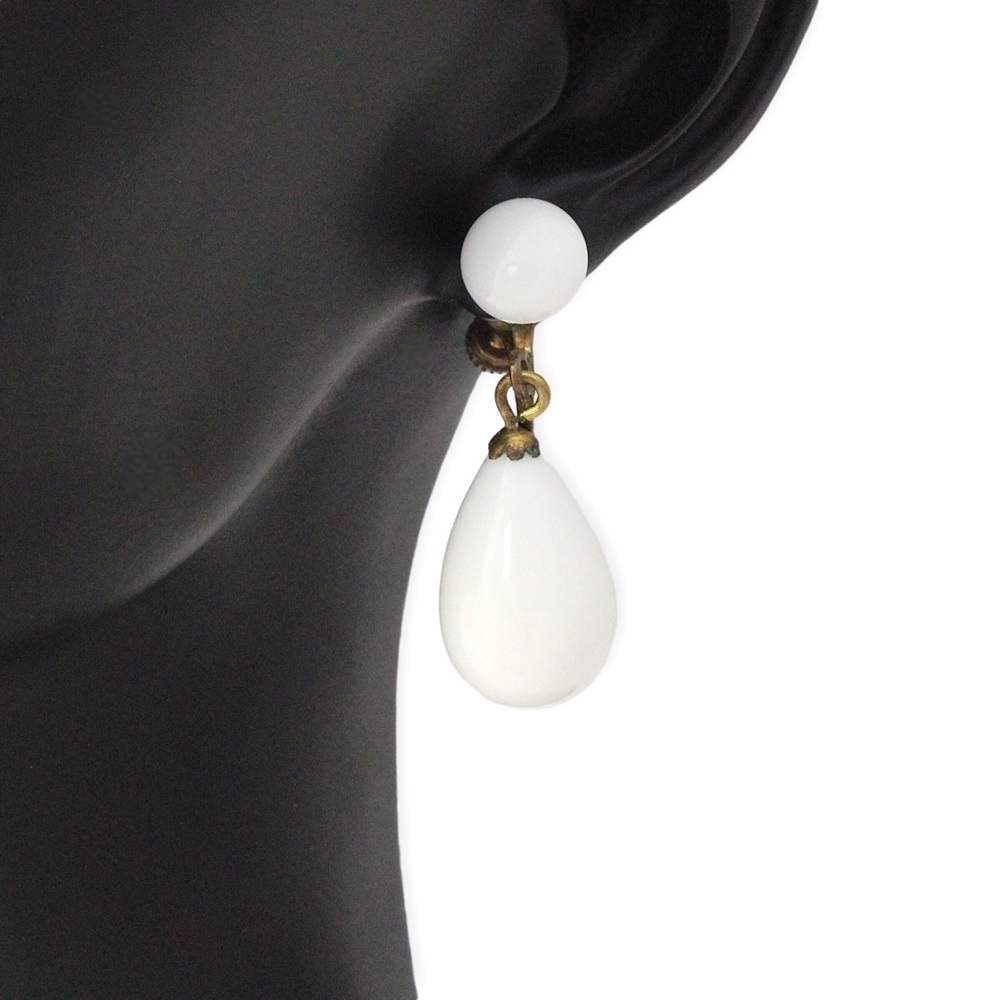 Vintage Milk Glass Screw Back Earrings White Teardrop Dangle Mid-Century 1950s